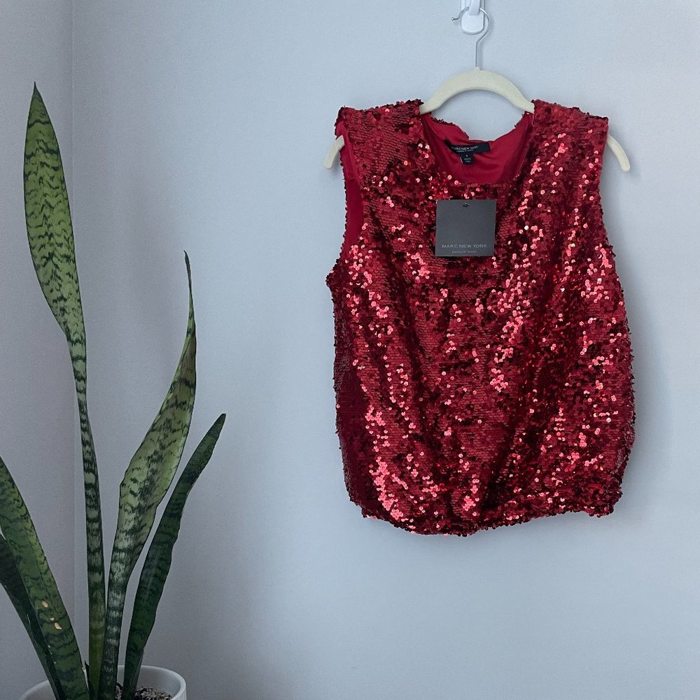Marc New York Red Shoulder Pad Red Sequins Sleeveless Top S NWT